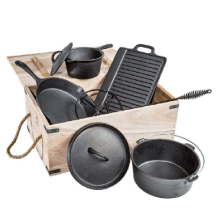 6 Pieces Cast Iron Cookware Set In Wooden Box